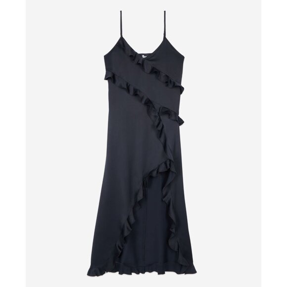 NWT The Kooples Black Long Ruffle Slip Dress Asymmetrical Hem‎ Size US 8 - Picture 11 of 13